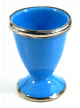 Coquetier artisanal marocain en poterie de couleur bleu clair emaille et cercle de metal decoratif argente