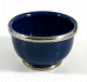 Petit bol en poterie marocain de couleur bleu petrole emaille et cercle de metal argente