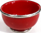 Grand bol en poterie marocain de couleur rouge brique emaille et cercle de metal argente