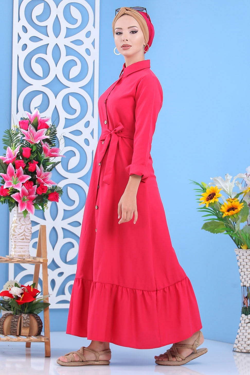 Robe longue de ville boutonnée avec ceinture pour femme - Couleur kaki  (Vêtement femme fabriqué en Turquie) - Prêt à porter et accessoires