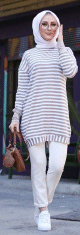 Pull - Tunique longue a rayures (Vetement moderne femme voilee) - Couleur beige et blanc