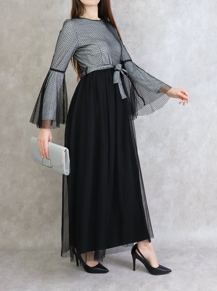 Robe de soirée longue élégante pailletée en tulle pour femme - Couleur  argenté et noir