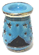 Photophore decoratif marocain oval en poterie de couleur bleue ciel emaille cercle et orne de ciselures