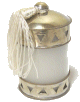 Photophore / Bougeoir en verre avec bougie cercle de metal argente cisele termine d'un pompon en Sabra - Modele blanc